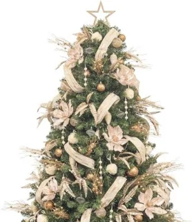 Kunstmatige kerstboom 180 cm met 300 ledlampjes en ornamenten in champagnekleur