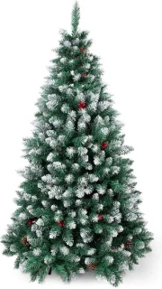 Kunstmatige kerstboom met dennenappels en metalen standaard
