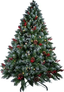 Kunstmatige kerstboom met sneeuw, dennenappels en verlichting - inclusief standaard