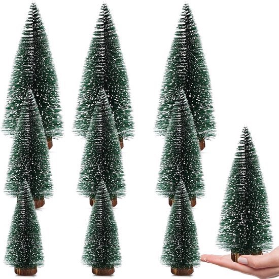 kunstminiatuur dennenboom set 9 stuks met houten sokkel 10-20 cm
