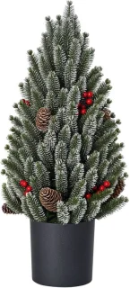 Meerkleurige tafelkerstboom met dennenappels en rode bessen