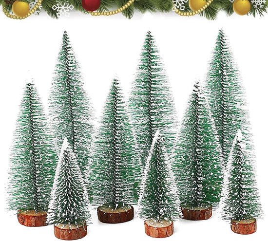 Mini kerstbomen set met houten basis, 9 stuks, 3 maten