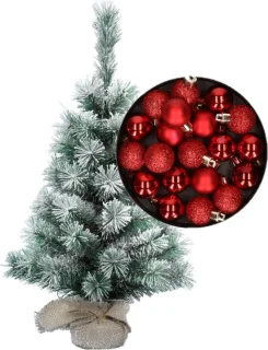 Mini kerstboom 35 cm besneeuwd met rode kerstballen
