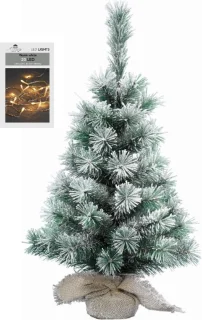 Mini kerstboom 35 cm in jute zak met 20 warm witte lampjes