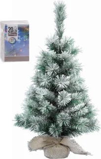 Mini kerstboom 35 cm met verlichting in jute zak