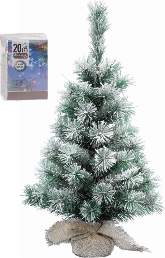 Mini kerstboom 35 cm met verlichting in jute zak