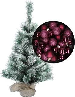 Mini kerstboom 35 cm paars met kerstballen - Kerstversiering