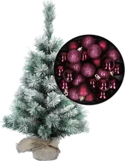 Mini kerstboom 35 cm paars met kerstballen - Kerstversiering