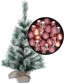 mini kerstboom 35 cm roze besneeuwd met kerstballen
