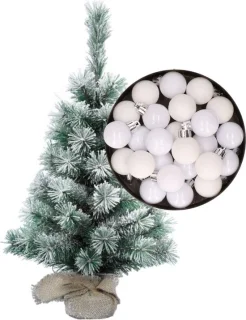 Mini kerstboom 35 cm wit met kerstballen - Kerstversiering