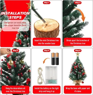 Mini kerstboom 60 cm DIY met led-lichtslingers en decoraties