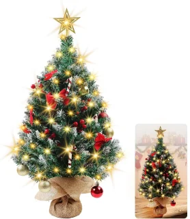 Mini kerstboom 60 cm DIY met led-lichtslingers en decoraties