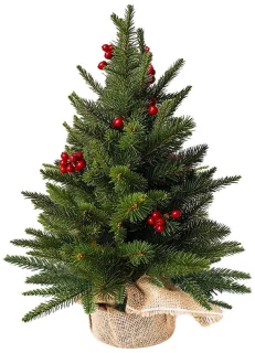 Mini kerstboom 60 cm met bessen en kerstballen in jute voet