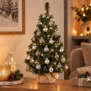 Mini kerstboom 75 cm inclusief 40 zilveren kerstballen