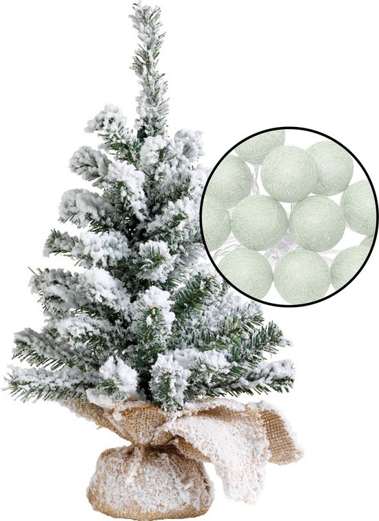 Mini kerstboom besneeuwd H45 cm met lichtgroene bolverlichting