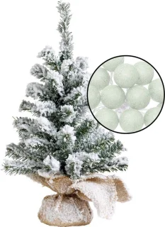 Mini kerstboom besneeuwd H45 cm met lichtgroene bolverlichting