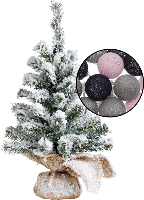 Mini kerstboom besneeuwd H45 cm met verlichting grijs/lichtroze