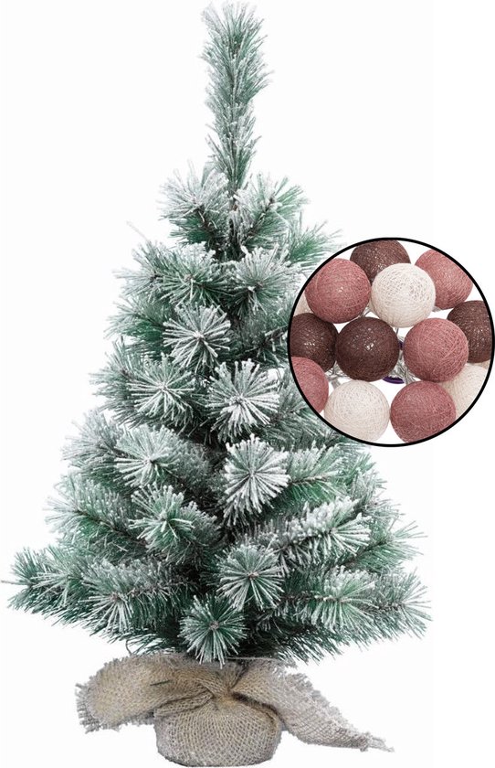 Mini kerstboom besneeuwd H60 cm met lichtsnoer en rode bollen