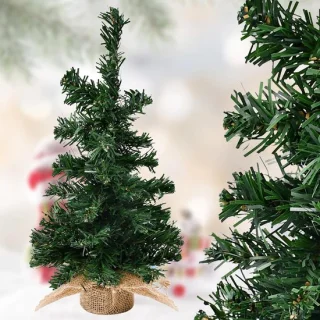 Mini-kerstboom - donkergroen - 30 cm - kunststof met linnen decoratie