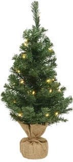 Mini kerstboom groen 60 cm in jute zak met verlichting