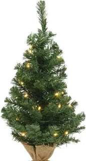 Mini kerstboom groen 60 cm in jute zak met verlichting
