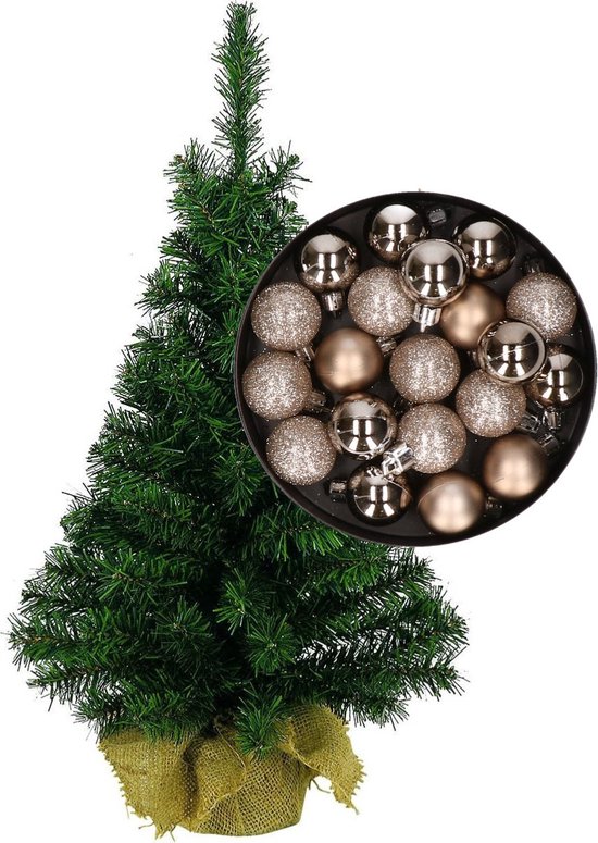 Mini kerstboom H45 cm champagne met kerstballen