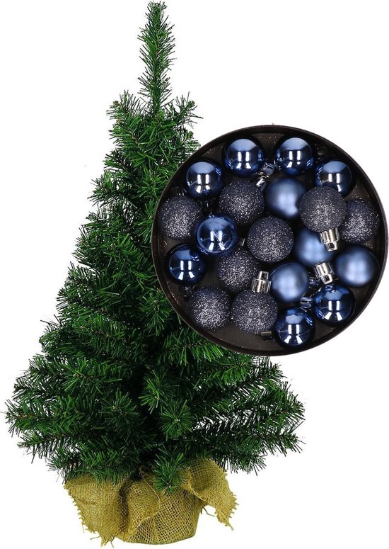 Mini kerstboom H45 cm donkerblauw inclusief kerstballen