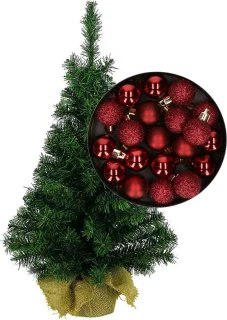 Mini kerstboom H45 cm donkerrood inclusief kerstballen