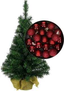 Mini kerstboom H45 cm donkerrood inclusief kerstballen