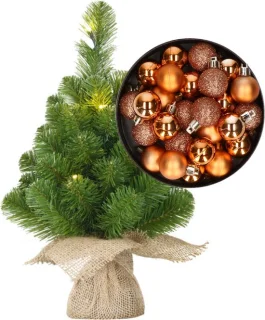 Mini kerstboom H45 cm koper met verlichting en kerstballen