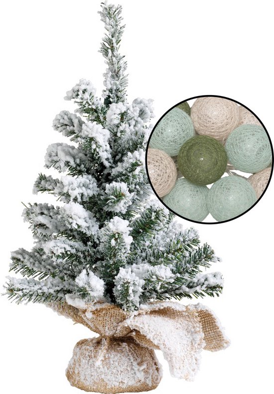 Mini kerstboom H45 cm met lichtslinger groen bollen mix