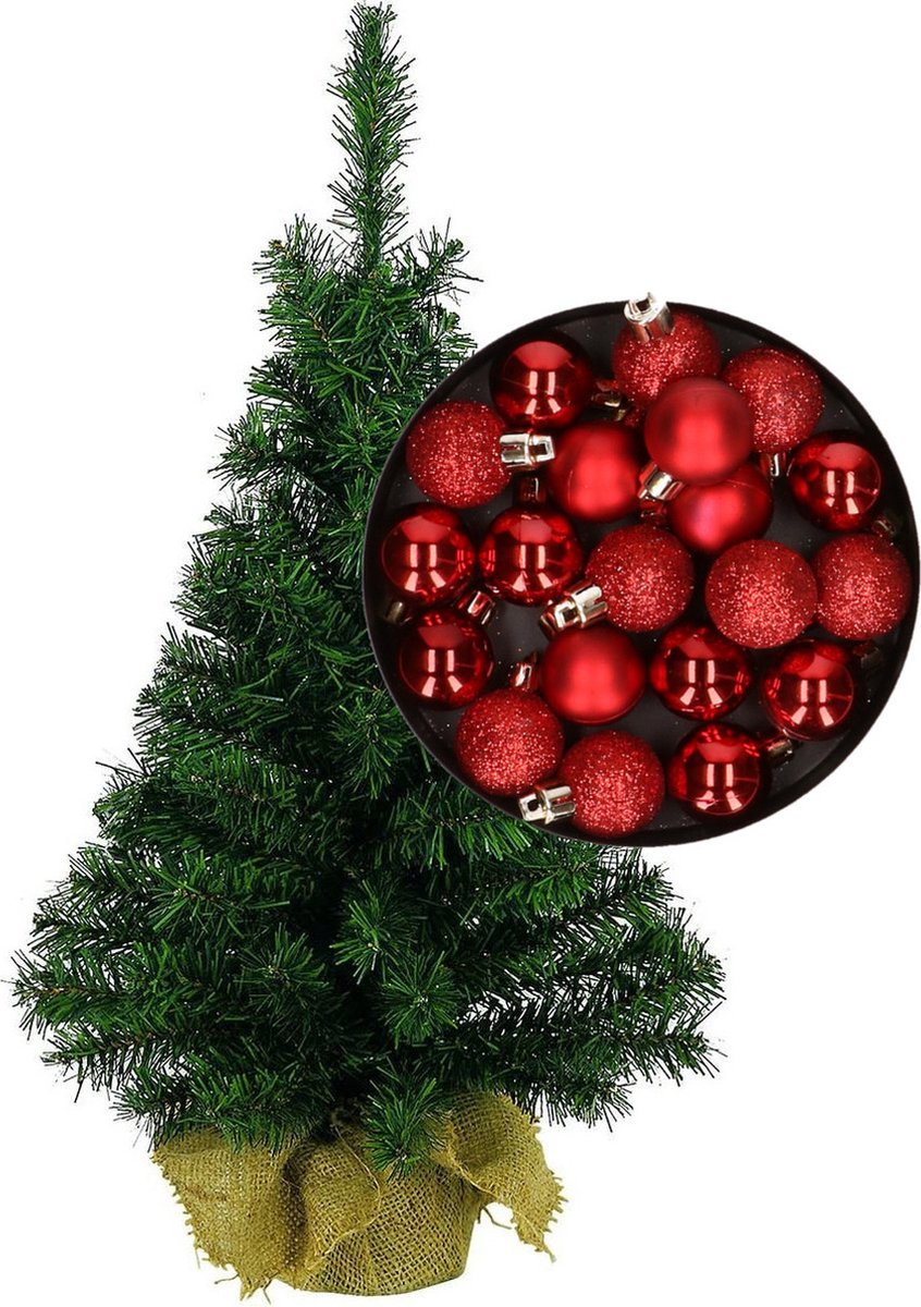 Mini kerstboom H45 cm rood met kerstballen - Kerstversiering