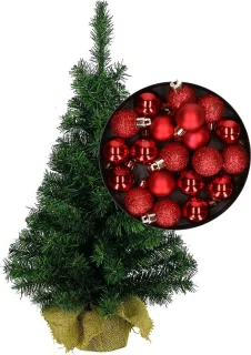 Mini kerstboom H45 cm rood met kerstballen - Kerstversiering