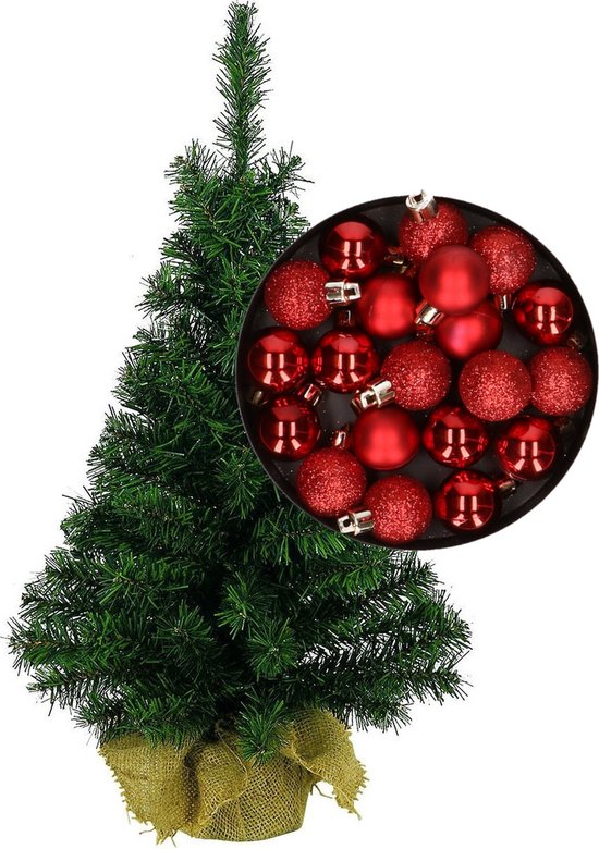 Mini kerstboom H45 cm rood met kerstballen - Kerstversiering
