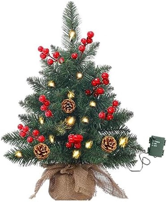 Mini kerstboom LED dennenappels rode bessen decoratie