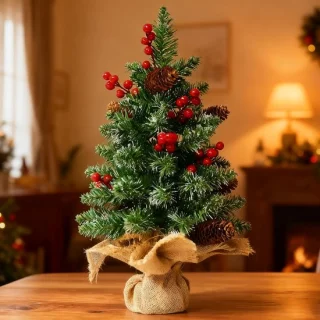 Mini kerstboom met dennenkegels en bessen