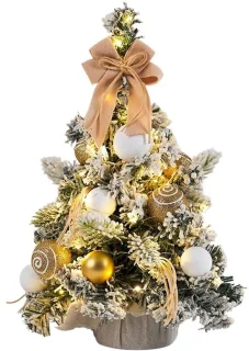 Mini kerstboom met goudkleurige strik en kerstballen
