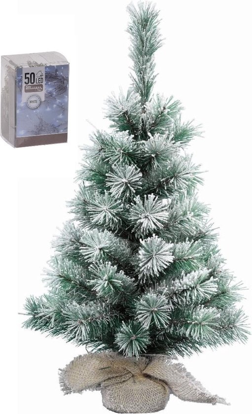 Mini kerstboom met verlichting 60 cm in jute zak