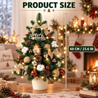 Mini kerstboom met verlichting - groen - 60 cm - kunststof met decoratiepakket - voor tafeldecoratie