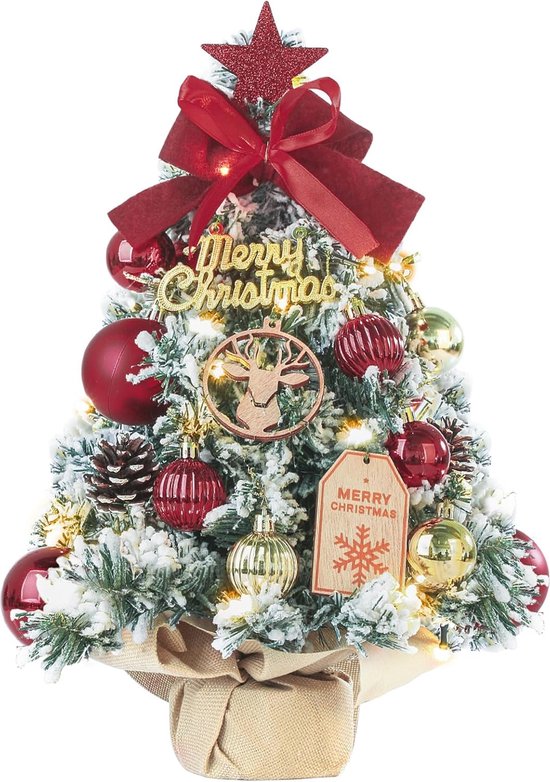 Mini kerstboom rood/goud 40 cm met verlichting - kunstkerstboom