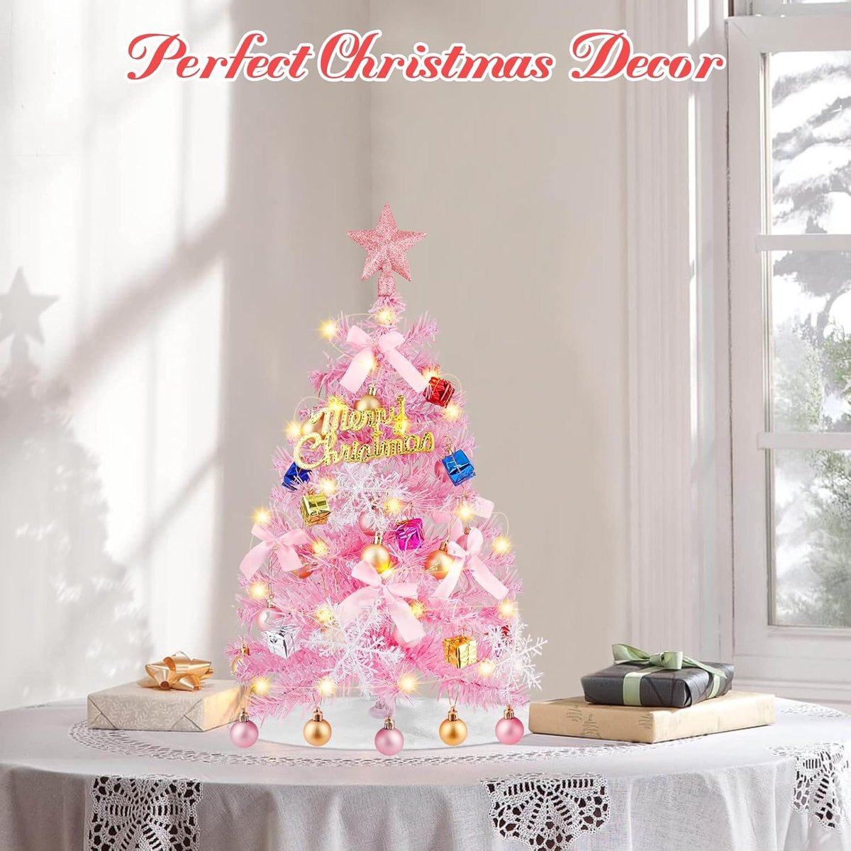 Mini-kerstboom roze 61 cm met bolornamenten