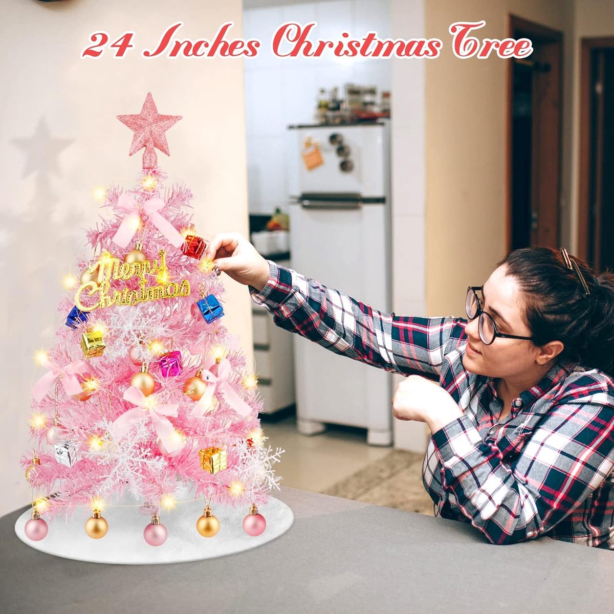 Mini-kerstboom roze 61 cm met bolornamenten