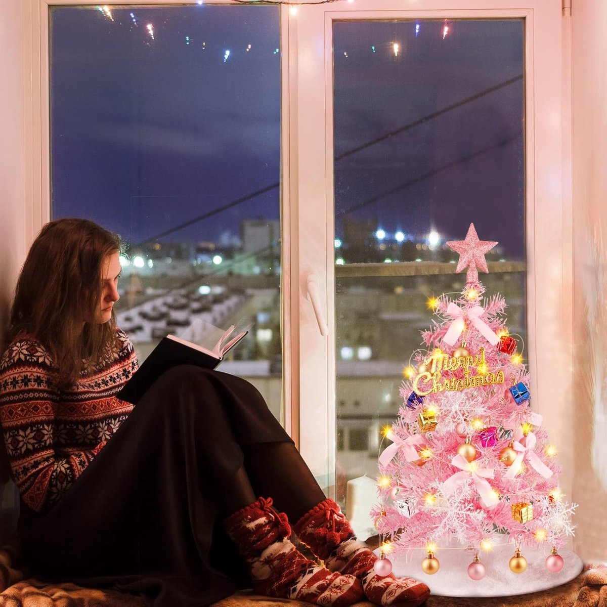 Mini-kerstboom roze 61 cm met bolornamenten