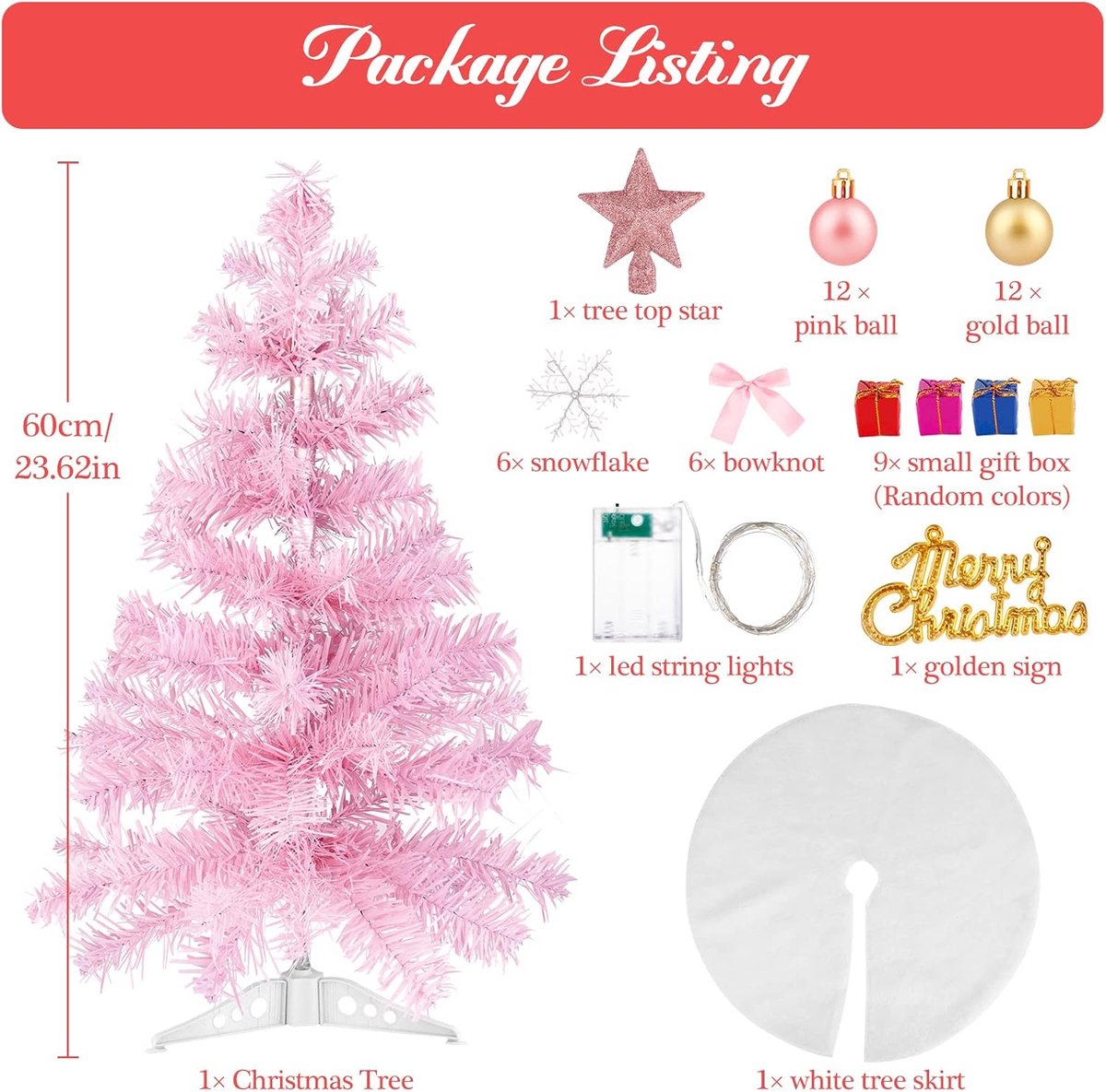 Mini-kerstboom roze 61 cm met bolornamenten