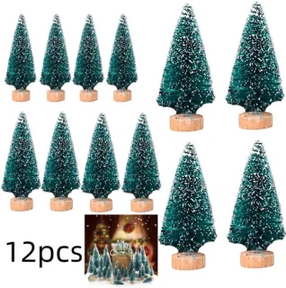 Mini-kerstboomdecoratie, 12 stuks, blauwgroen, met houten voet
