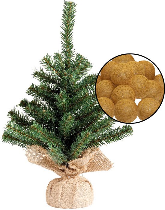 Mini kunst kerstboom groen H45 cm met verlichting bollen okergeel