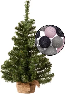 Mini kunst kerstboom groen H60 cm met lichtsnoer en bollenmix