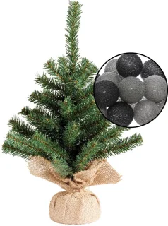 Mini kunst kerstboom H45 cm groen met verlichting bollenmix zwart/grijs