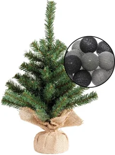 Mini kunst kerstboom H45 cm groen met verlichting bollenmix zwart/grijs
