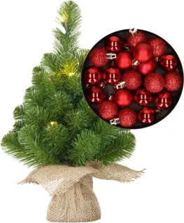 Mini kunst kerstboom rood 45 cm met verlichting en kerstsfeer